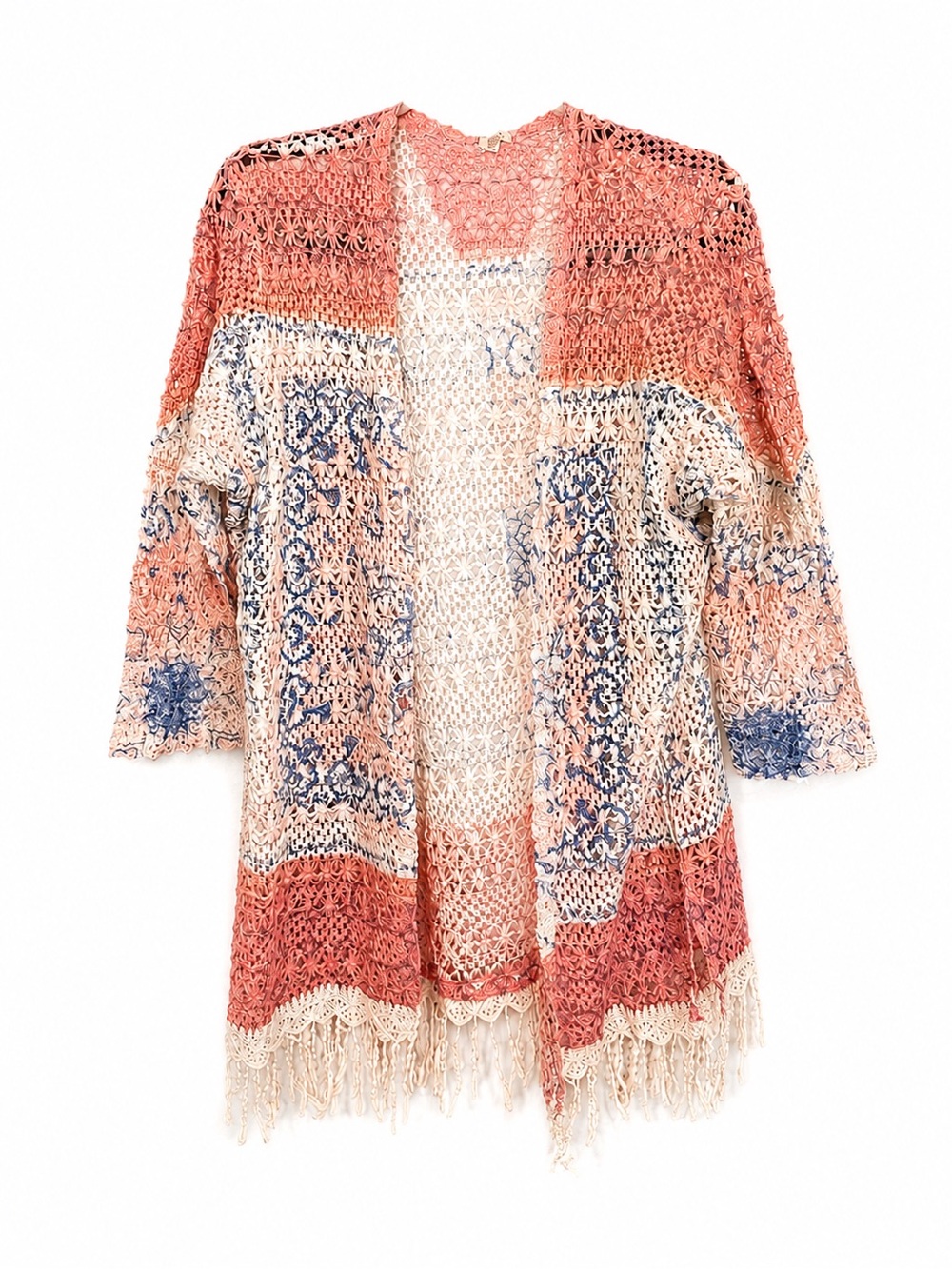 Reba Boho Crochet Fringe Cardigan Pink Blue Open Knit Duster 1X Plus Size